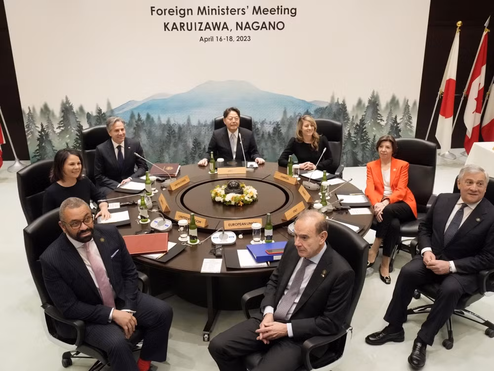 Các ngoại trưởng G7 nhóm họp tại một khách sạn tại khu nghỉ dưỡng Karuizawa, tỉnh Nagano, miền Trung Nhật Bản. (Ảnh: AP/TTXVN)