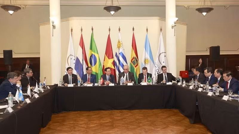 Chủ tịch Quốc hội Vương Đình Huệ hội đàm với lãnh đạo Nghị viện Khối Thị trường chung Nam Mỹ (PARLASUR). (Ảnh: TTXVN)