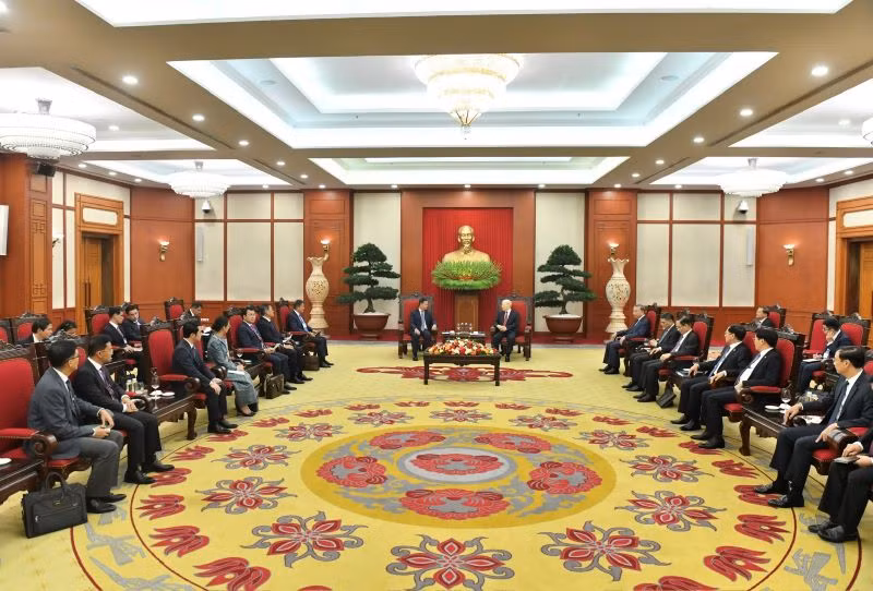 Quang cảnh buổi tiếp Thủ tướng Vương quốc Campuchia Samdech Moha Bovor Thipadei Hun Manet tại Trụ sở Trung ương Đảng.