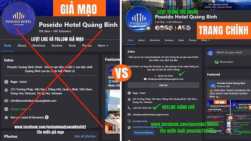 Trang fanpage của một cơ sở lưu trú ở Quảng Bình bị kẻ xấu mạo danh để lừa đảo khách hàng. (Ảnh: CTV)