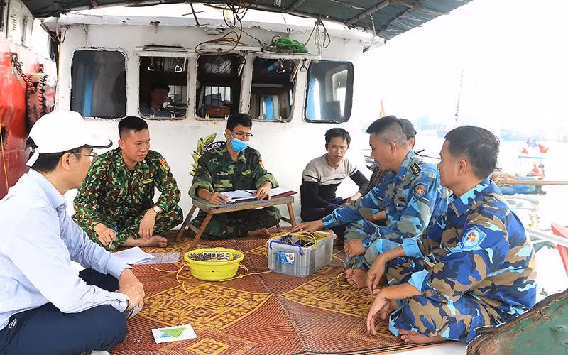 Lực lượng liên ngành tỉnh Nghệ An tuyên truyền, hướng dẫn ngư dân bảo vệ an toàn tàu cá trong mùa mưa bão.