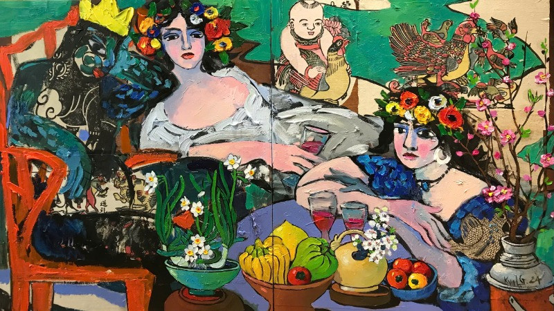 Tác phẩm "Lạc giữa mùa xuân 01", kích thước 65x115cm, chất liệu tổng hợp của được họa sĩ Trần Cường sáng tác năm 2024.