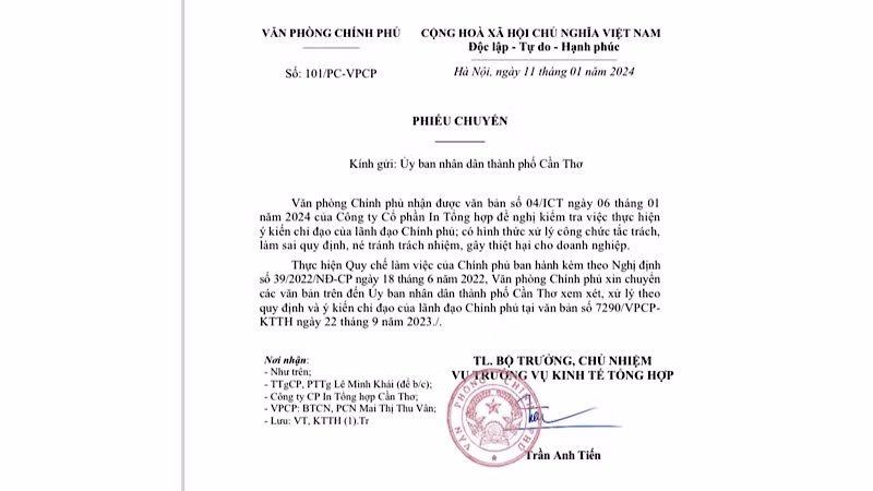 Phiếu chuyển của Văn phòng Chính phủ gửi Ủy ban nhân dân thành phố Cần Thơ đôn đốc việc giải quyết theo chỉ đạo của lãnh đạo Chính phủ tại Công văn 7290 ngày 22/9/2023.