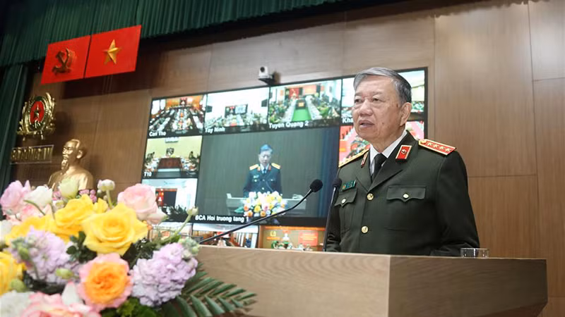 Bộ trưởng Tô Lâm phát biểu tại hội nghị. Ảnh: bocongan.gov.vn