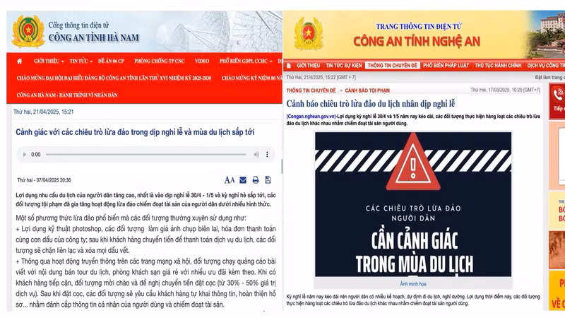 Cảnh báo trên Cổng thông tin điện tử Công an tỉnh Hà Nam (trái) và Công an tỉnh Nghệ An (phải) về các chiêu trò lừa đảo dịp nghỉ lễ, mùa du lịch. (Ảnh: chụp màn hình)