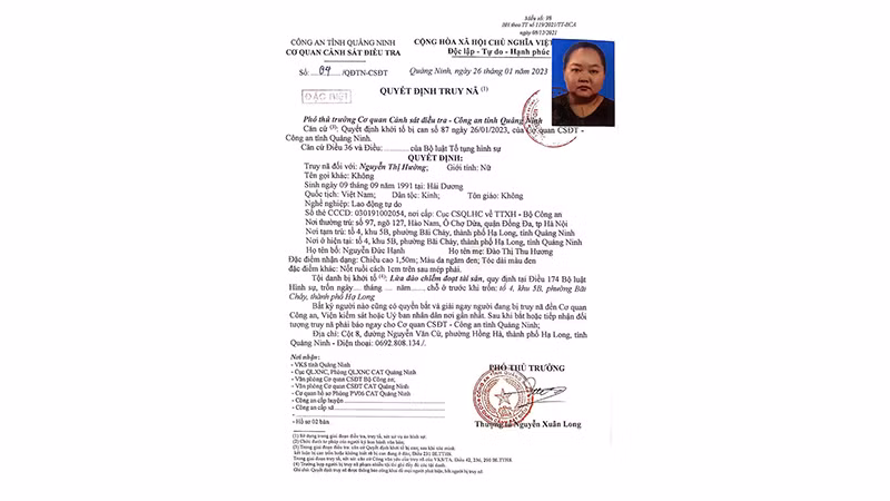 Quyết định truy nã Trần Thị Hường của Cơ quan cảnh sát điều tra, Công an tỉnh Quảng Ninh.