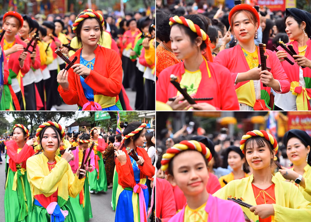 Các thiếu nữ của làng Láng Thượng duyên dáng trong điệu múa sênh tiền cổ truyền.