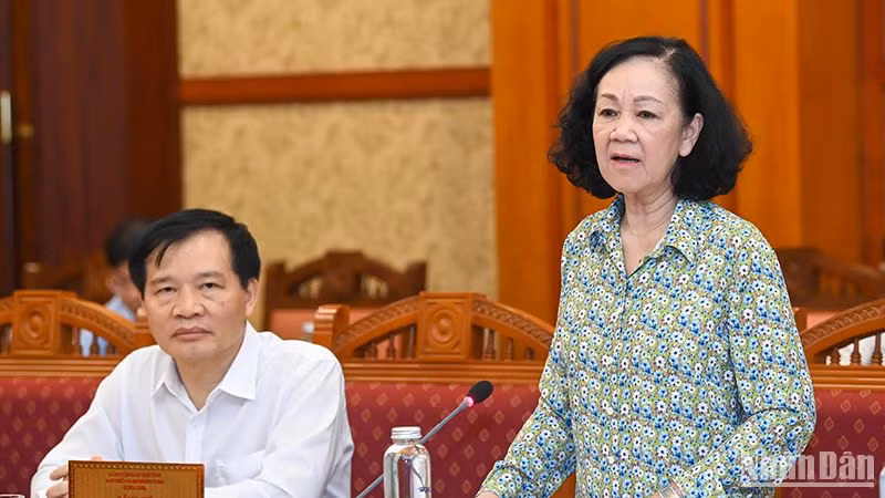 Đồng chí Trương Thị Mai, Ủy viên Bộ Chính trị, Thường trực Ban Bí thư, Trưởng Ban Tổ chức Trung ương phát biểu kết luận hội nghị. (Ảnh: Duy Linh)