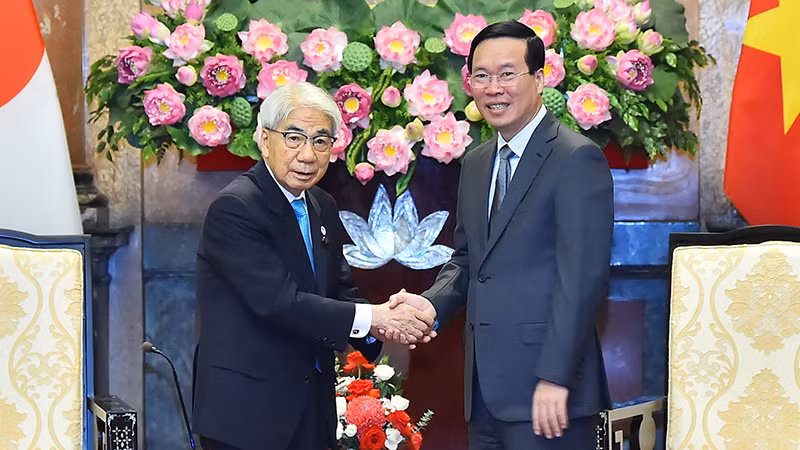 Chủ tịch nước Võ Văn Thưởng và Chủ tịch Thượng viện Nhật Bản Otsuji Hidehisa tại buổi tiếp. (Ảnh: Thủy Nguyên)