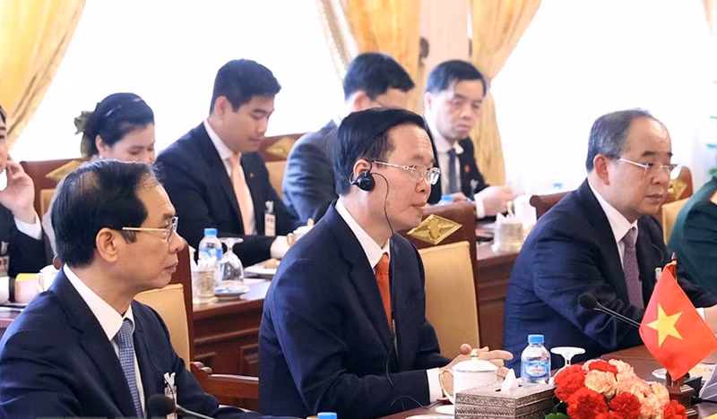 Chủ tịch nước Võ Văn Thưởng phát biểu tại hội đàm. (Ảnh: Thống Nhất/TTXVN)