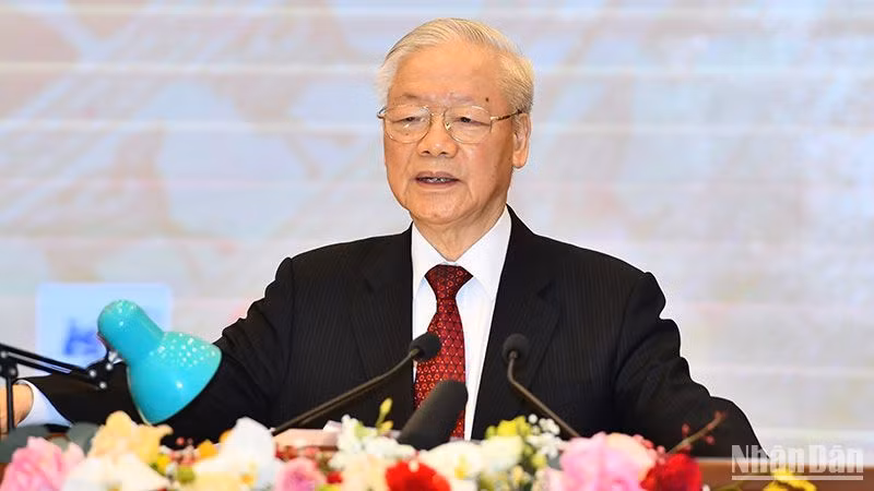 Tổng Bí thư Nguyễn Phú Trọng phát biểu tại lễ kỷ niệm. (Ảnh: ĐĂNG KHOA)