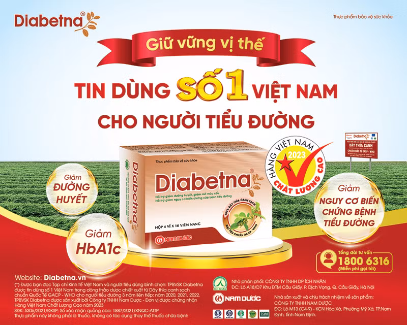 TPBVSK Diabetna được sản xuất bởi Công ty TNHH Nam Dược - Đơn vị được chứng nhận Hàng Việt Nam Chất Lượng Cao (năm 2023). TPBVSK Diabetna được sản xuất bởi Công ty TNHH Nam Dược - Đơn vị được chứng nhận Hàng Việt Nam Chất Lượng Cao (năm 2023).