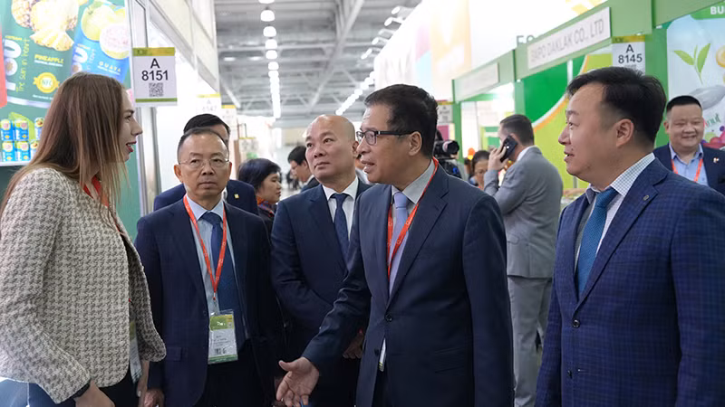 Đại sứ Đặng Minh Khôi và đại diện Bộ Công thương thăm gian hàng Việt Nam tại Hội chợ. (Ảnh: XUÂN HƯNG)