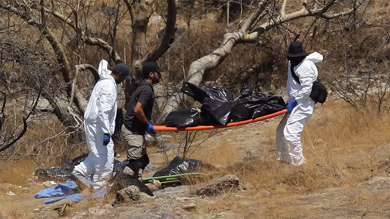 Chuyên gia pháp y tại hiện trường phát hiện các túi đựng bộ phận thi thể người ở Zapopan, bang Jalisco, miền tây Mexico, ngày 31/5. (Ảnh: Getty Images) 