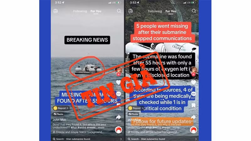Những hình ảnh của tàu Titan trước khi mất tích vào ngày 18/6/2023 được lồng ghép với thông tin sai sự thật. (Ảnh chụp màn hình)