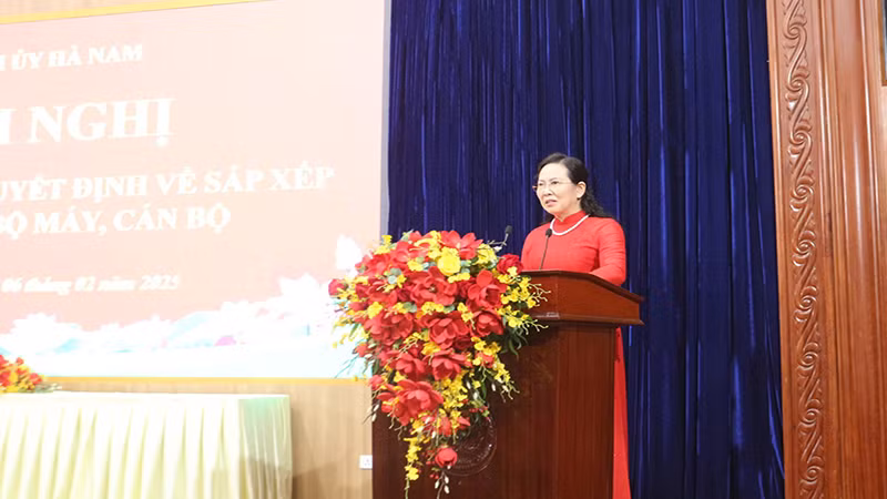 Đồng chí Lê Thị Thủy, Ủy viên Trung ương Đảng, Phó Bí thư chuyên trách Đảng ủy Chính phủ, Bí thư Tỉnh ủy, Chủ tịch Hội đồng nhân tỉnh Hà Nam phát biểu tại Hội nghị.