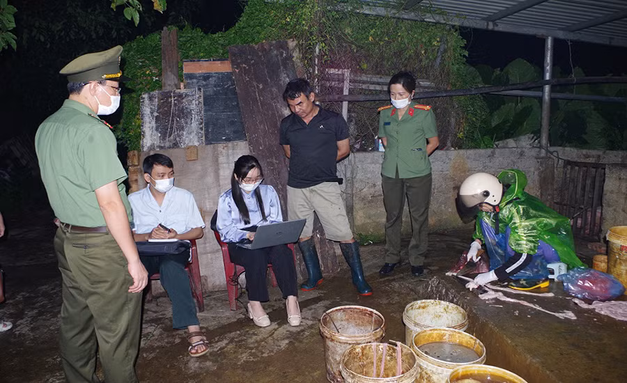 Lực lượng chức năng kiểm tra cơ sở giết mổ lợn của hộ gia đình ông Nguyễn Tiến Mạnh.