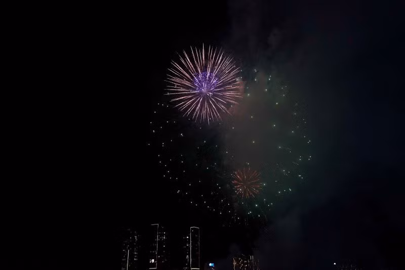 Pháo hoa thắp sáng bầu trời đêm thành phố.