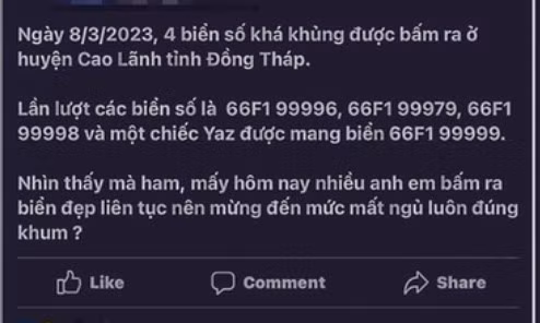 Thông tin lan truyền trên mạng xã hội về 4 biển số xe đẹp được cấp trong ngày 8/3/2023. 