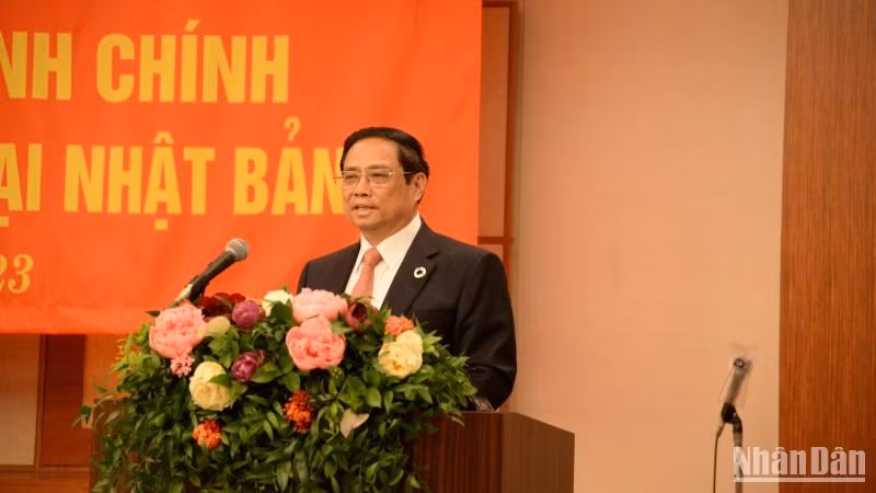 Thủ tướng Phạm Minh Chính phát biểu ý kiến tại buổi gặp gỡ bà con cộng đồng người Việt Nam ở Nhật Bản.