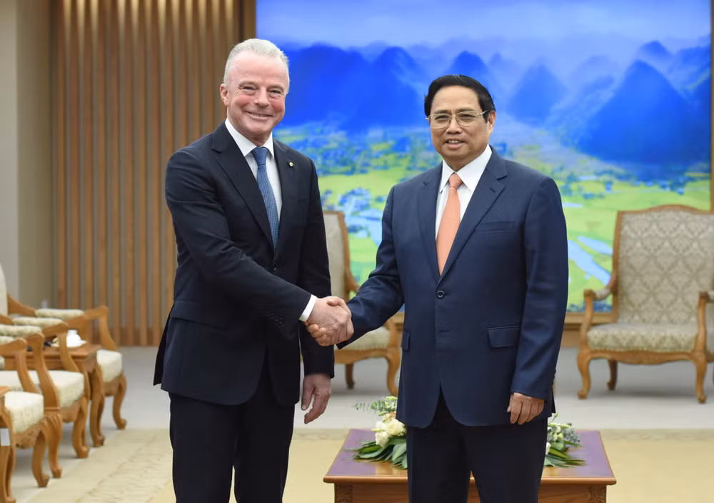 Thủ tướng Phạm Minh Chính tiếp ông Brendan Nelson, Phó Chủ tịch cấp cao Tập đoàn Boeing kiêm Chủ tịch Boeing toàn cầu. (Ảnh: TRẦN HẢI)