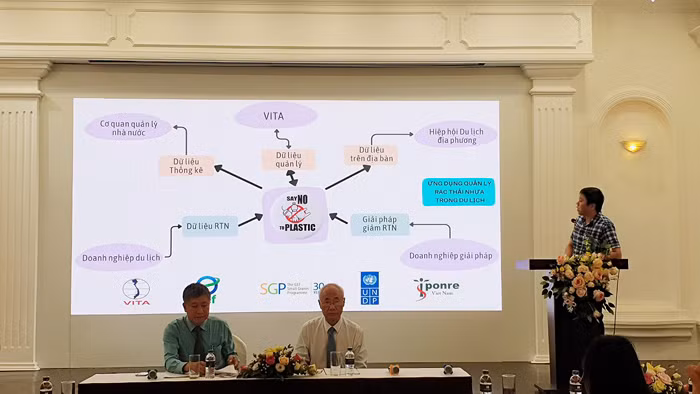 Ban Tổ chức trình bày về quy cách, nội dung của Ứng dụng quản lý rác thải nhựa trong lĩnh vực du lịch. (Ảnh: T.LINH)