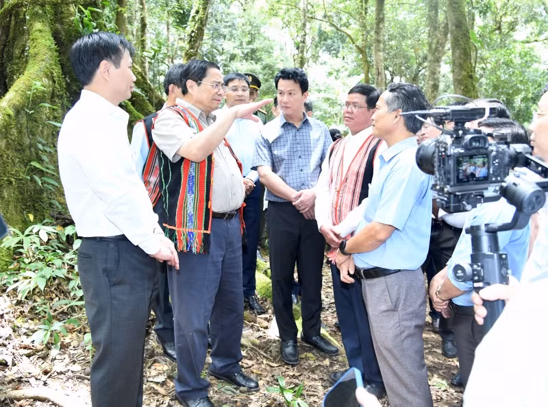 Thủ tướng Phạm Minh Chính trao đổi về các giải pháp phát triển sâm Ngọc Linh bền vững và nâng cao đời sống bà con nhân dân địa phương.