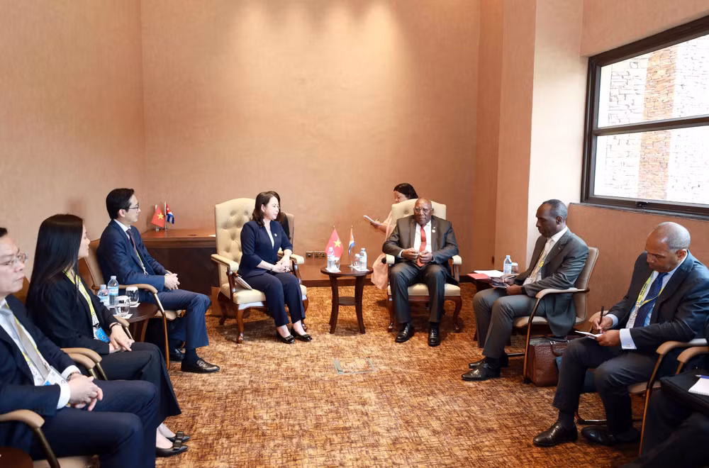 Phó Chủ tịch nước Võ Thị Ánh Xuân gặp Phó Chủ tịch nước Cuba Salvador Valdés Mesa. (Ảnh:TTXVN)