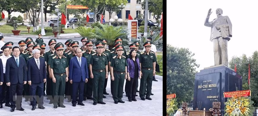 Chủ tịch nước Nguyễn Xuân Phúc cùng lãnh đạo Đảng, Nhà nước, thành phố Hải Phòng, Bộ Tư lệnh Quân khu 3, Bộ Tư lệnh Hải quân dâng hương tưởng nhớ Chủ tịch Hồ Chí Minh tại Bộ Tư lệnh Quân khu 3. (Ảnh: TTXVN)