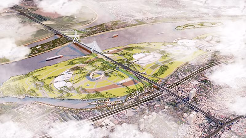 Phối cảnh cầu Tứ Liên bắc qua sông Hồng.