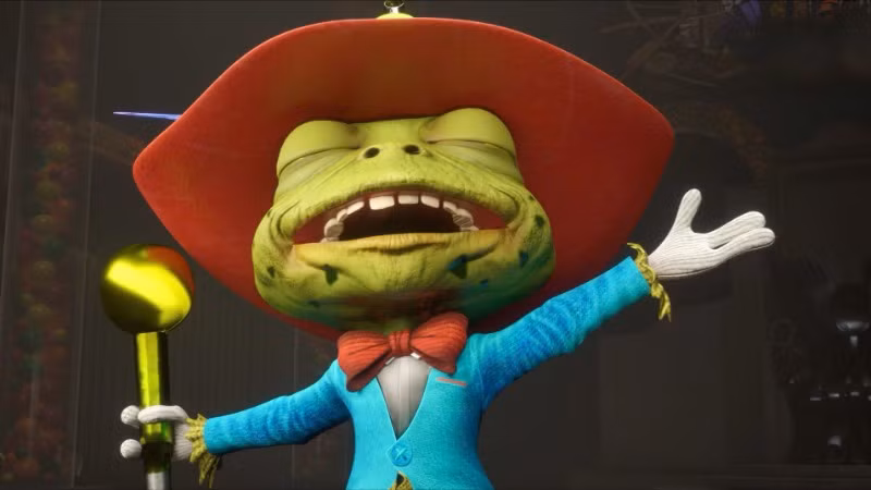 Giọng hát của Nghệ sĩ nhân dân Quang Thọ đã thể hiện đúng khí chất của Đại Vương Ếch Cốm- vị vua của xóm Lầy Lội. (Ảnh: Ê-kíp sản xuất)