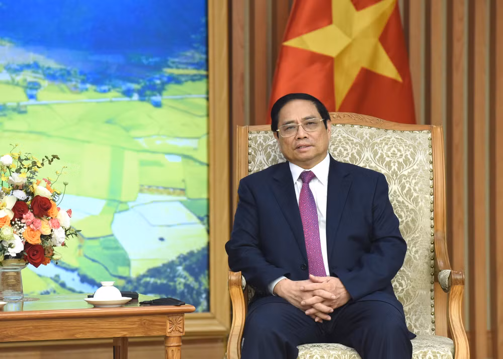 Thủ tướng Phạm Minh Chính phát biểu tại buổi tiếp Bộ trưởng Tư pháp Cộng hòa Cuba Oscar Manuel Silvera Martínez.