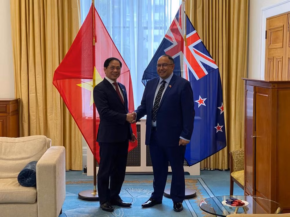 Bộ trưởng Ngoại giao Bùi Thanh Sơn chào xã giao Chủ tịch Quốc hội New Zealand Adrian Rurawhe.