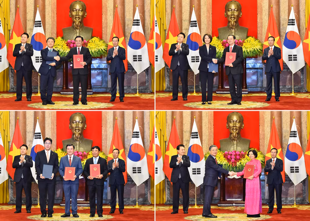 Tại buổi lễ, Chủ tịch nước Võ Văn Thưởng và Tổng thống Đại Hàn Dân Quốc Yoon Suk Yeo đã chứng kiến 17 văn kiện hợp tác, bản ghi nhớ trên nhiều lĩnh vực quan trọng giữa các bộ, ban, ngành và địa phương hai nước. Ảnh: THỦY NGUYÊN