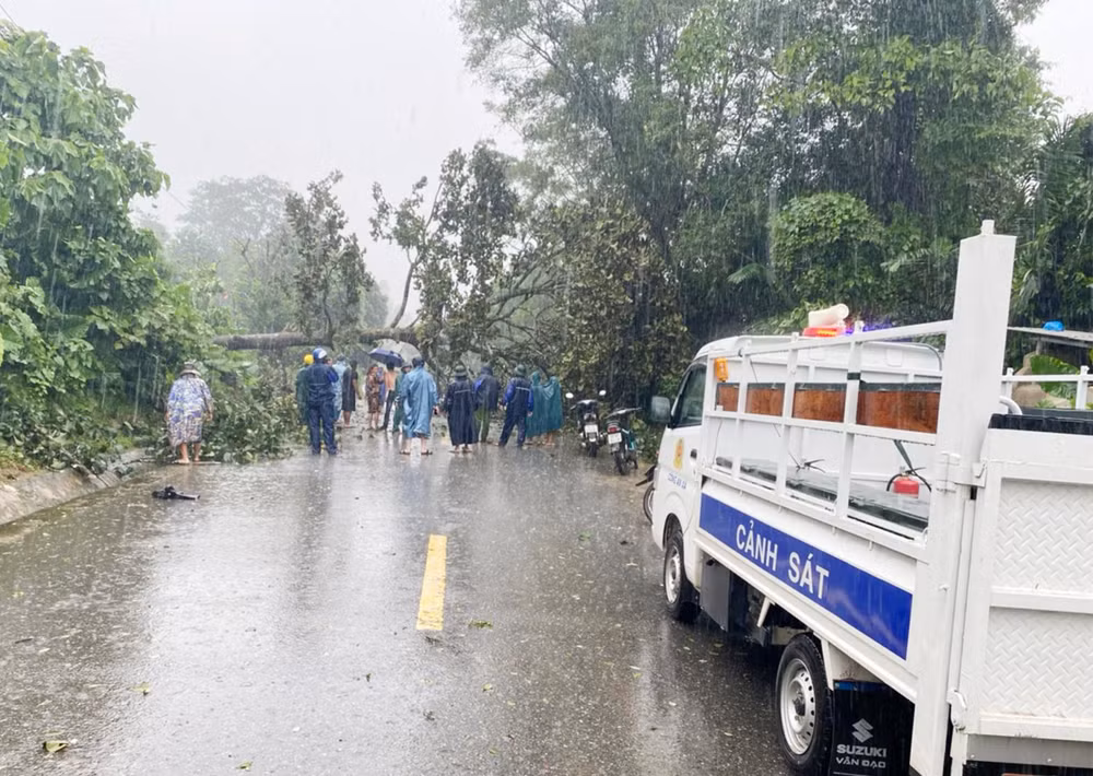 Lực lượng chức năng dọn dẹp cây đổ do bão số 4 tại Km309, thuộc quốc lộ 14 địa phận xã A Bung, huyện miền núi Đakrông.