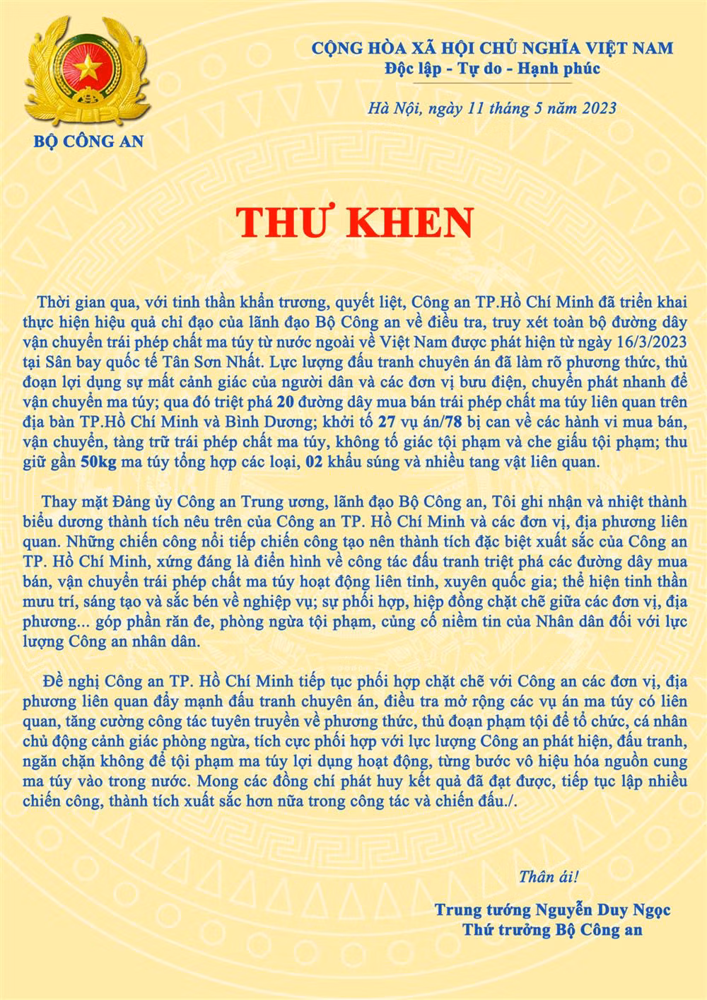 Nội dung thư khen.