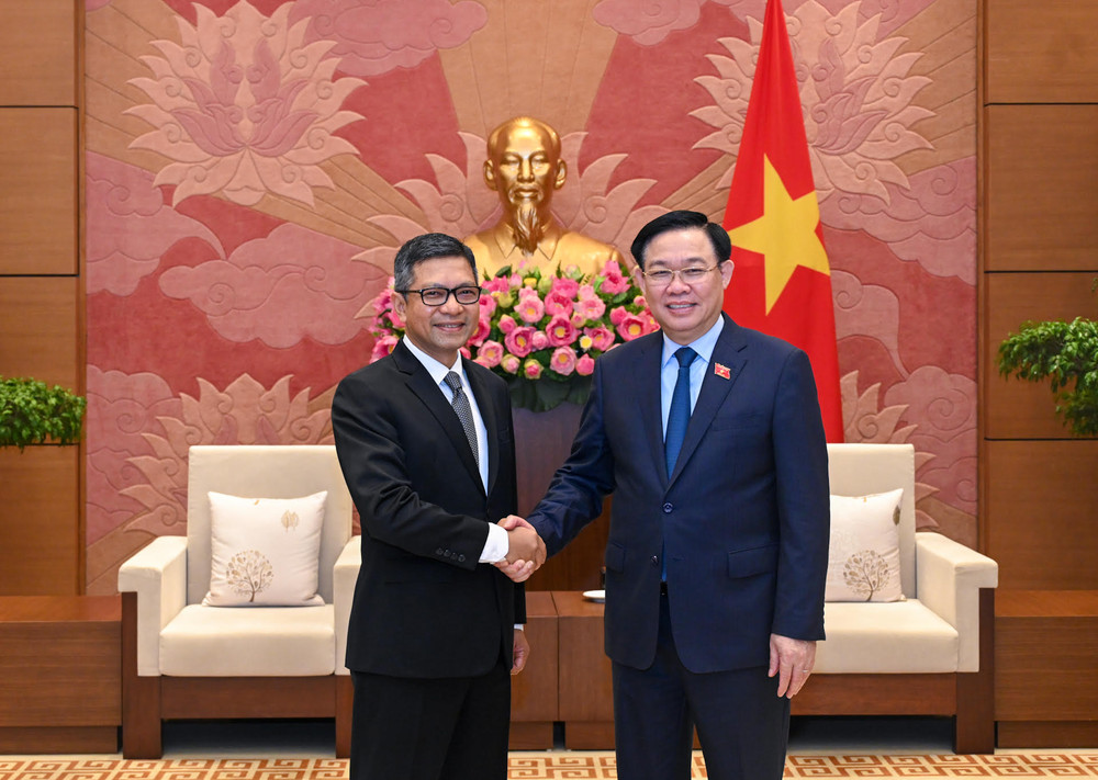 Chủ tịch Quốc hội Vương Đình Huệ và Đại sứ Indonesia Denny Abdi tại buổi tiếp. 
