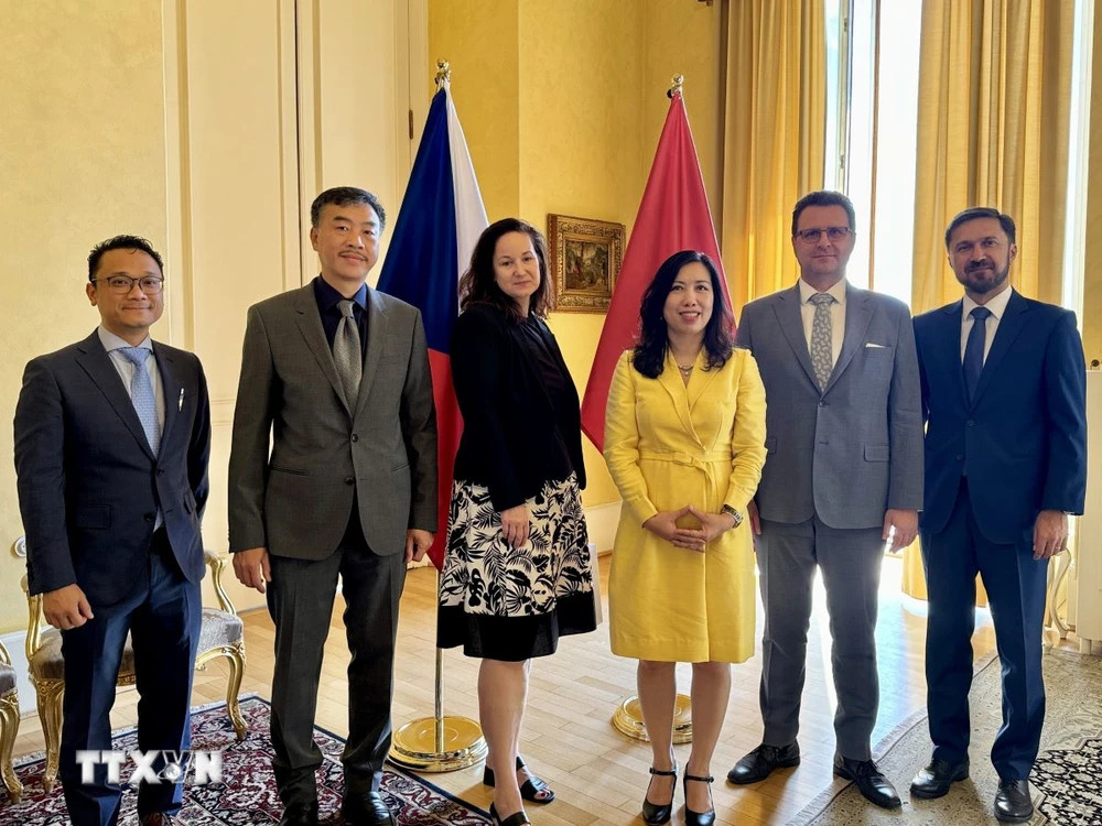 Thứ trưởng Ngoại giao Lê Thị Thu Hằng (thứ 3, phải sang) và bà Katerina Sequensova (thứ 3, trái sang) tại buổi gặp. (Ảnh: TTXVN)