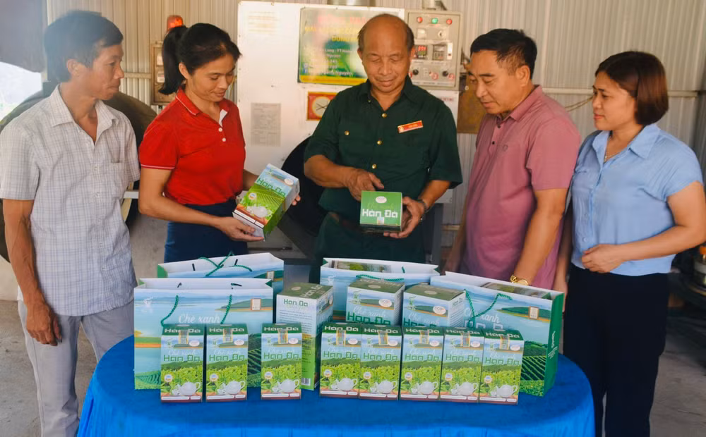 Ông Trần Tường (đứng giữa) giới thiệu sản phẩm chè Hán Đà với khách hàng.