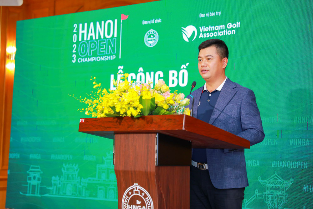 Ông Đặng Tất Thành, Tổng thư ký HNGA, Giám đốc giải đấu phát biểu tại lễ công bố Giải golf Hà Nội mở rộng 2023. 