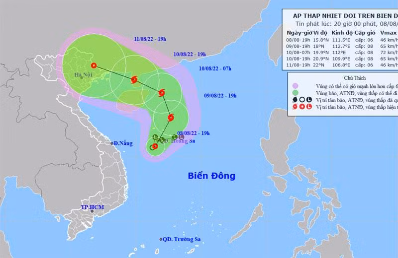 Vị trí và hướng di chuyển của áp thấp nhiệt đới lúc 19 giờ. (Nguồn: nchmf.gov.vn)
