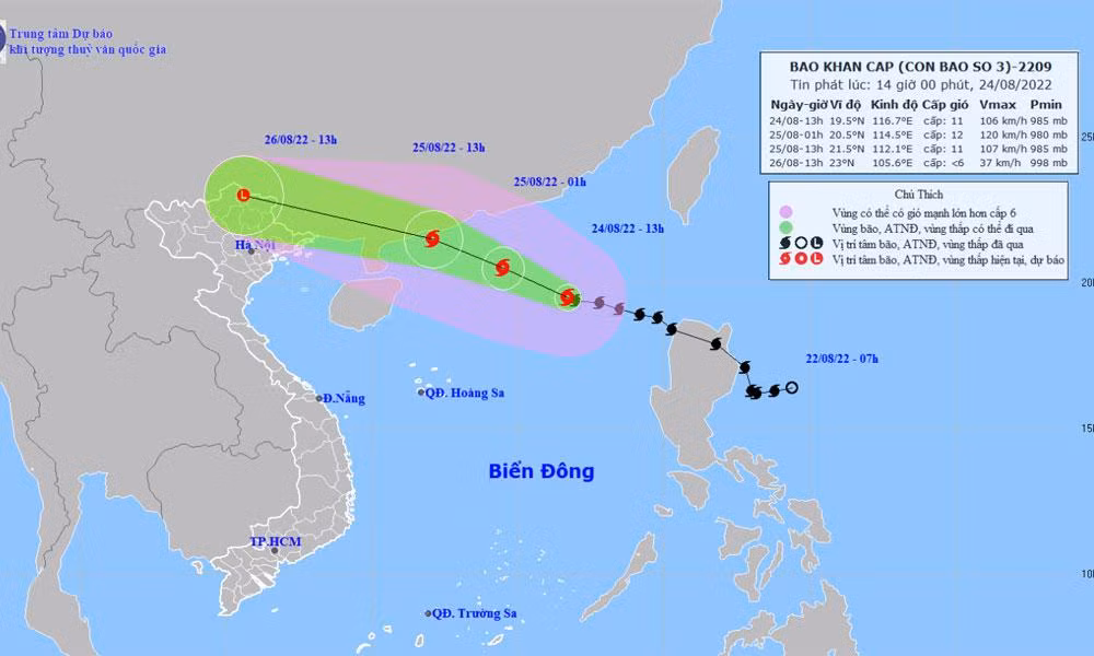 Vị trí và hướng di chuyển của bão số 3. (Nguồn: nchmf.gov.vn)