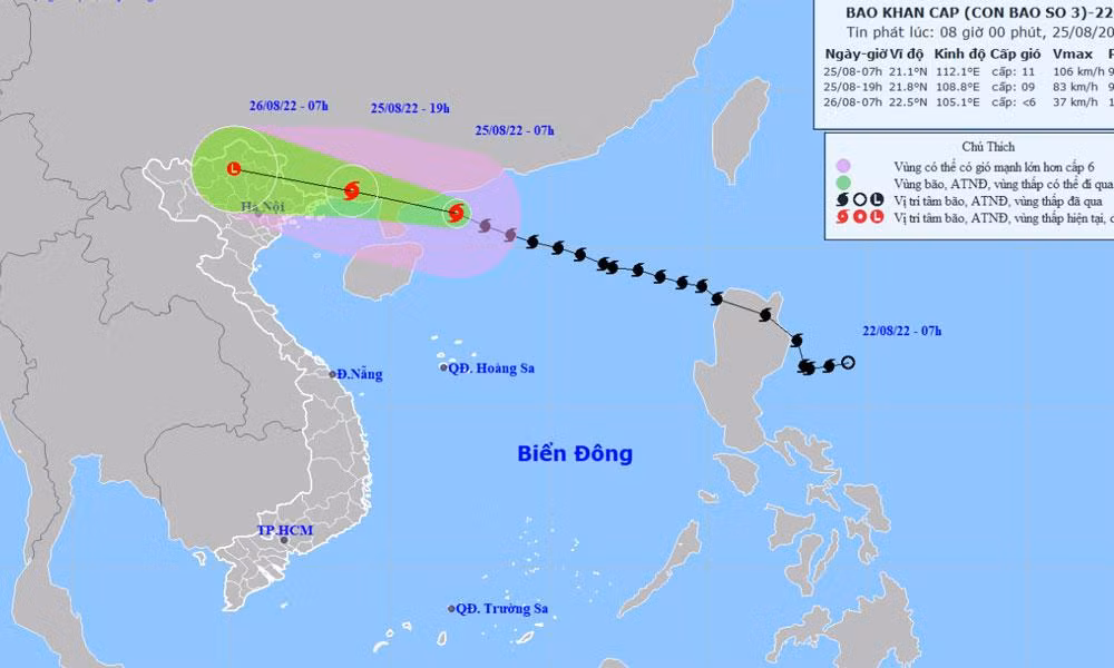 Vị trí và hướng di chuyển của bão số 3. (Nguồn: nchmf.gov.vn)