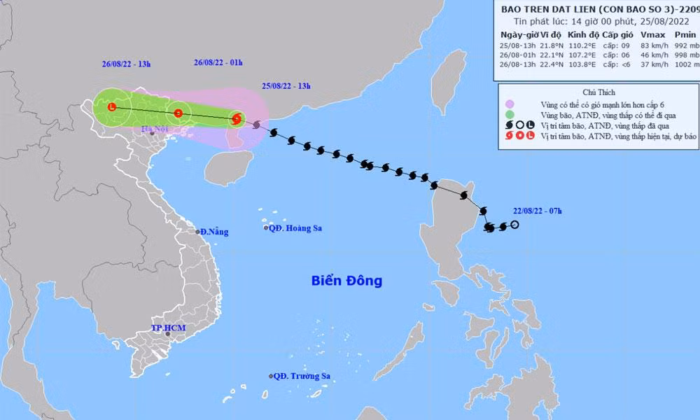 Vị trí và hướng di chuyển của bão số 3. (Nguồn: nchmf.gov.vn)