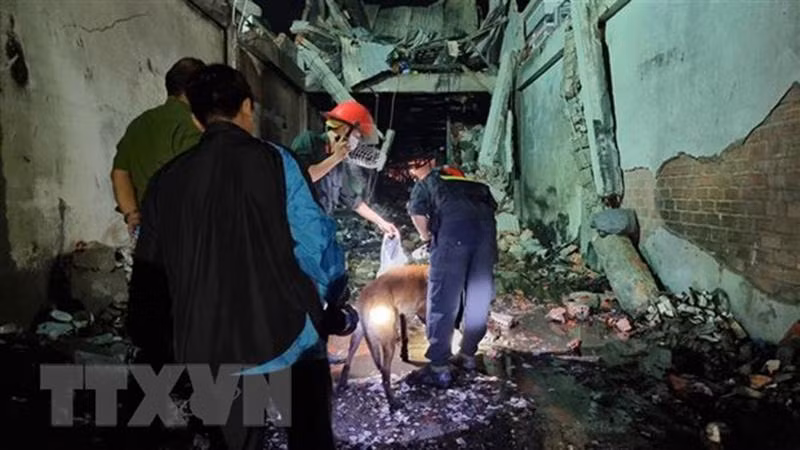 Lực lượng chức năng huy động chó nghiệp vụ tham gia tìm kiếm tung tích những người mắc kẹt trong vụ cháy nhà. (Ảnh: Nguyễn Thành/TTXVN)