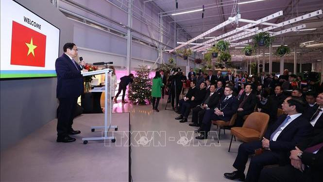 Thủ tướng Phạm Minh Chính phát biểu tại Trung tâm Nhà vườn thế giới-World Horti Center. (Ảnh: Dương Giang/TTXVN) 