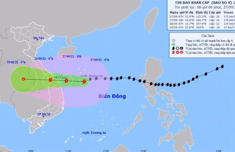 Vị trí và hướng di chuyển của bão số 4. (Nguồn: nchmf.gov.vn)