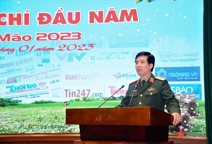 Thiếu tướng Nguyễn Văn Cường phát biểu tại buổi gặp mặt. (Ảnh: Báo Quân đội nhân dân)