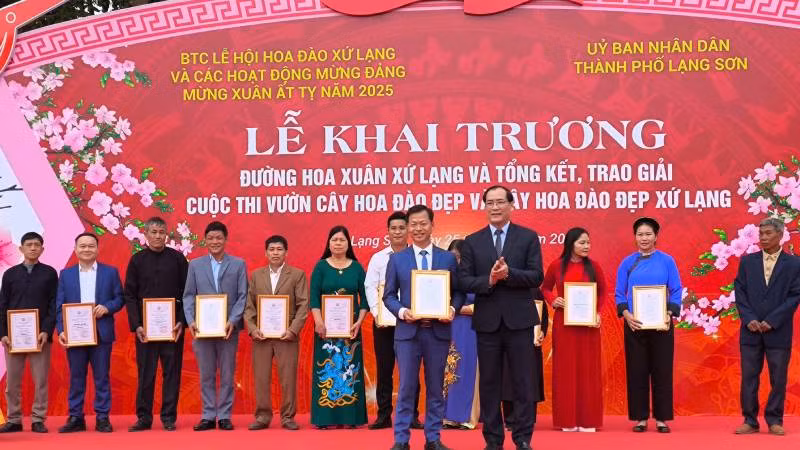 Phó Chủ tịch Ủy ban nhân dân tỉnh Lạng Sơn, Dương Xuân Huyên trao giải cho các cá nhân và tập thể được giải cây đào đẹp nhất và vườn đào đẹp nhất.