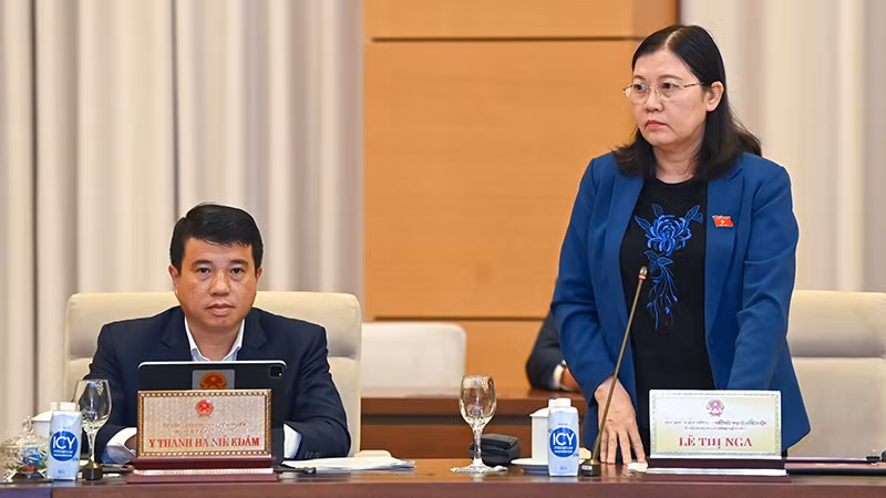 Chủ nhiệm Ủy ban Tư pháp Lê Thị Nga trình bày báo cáo tại phiên họp. (Ảnh: DUY LINH)